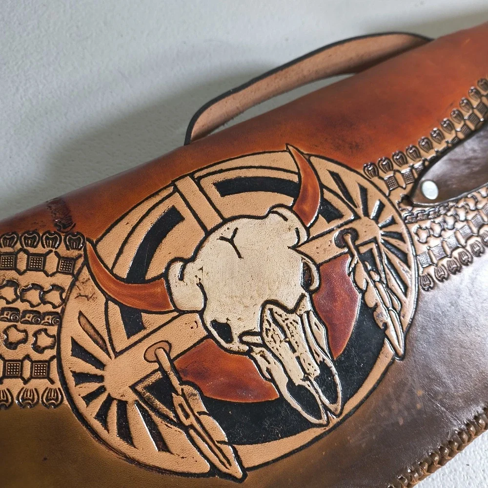 Vintage Hand Tooled Long Horn Skull Leather Rifle/ Shotgun Scabbard / Gun Case